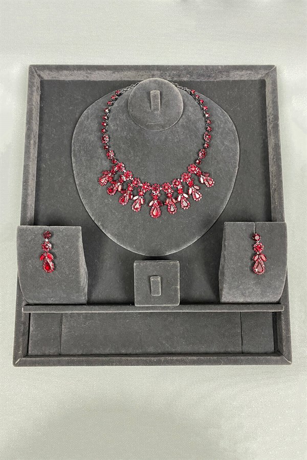 Beety Stone Necklace Earring Set Claret Red