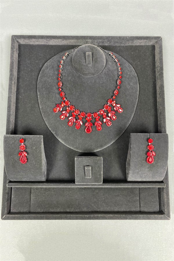Beety Stone Necklace Earring Set Red