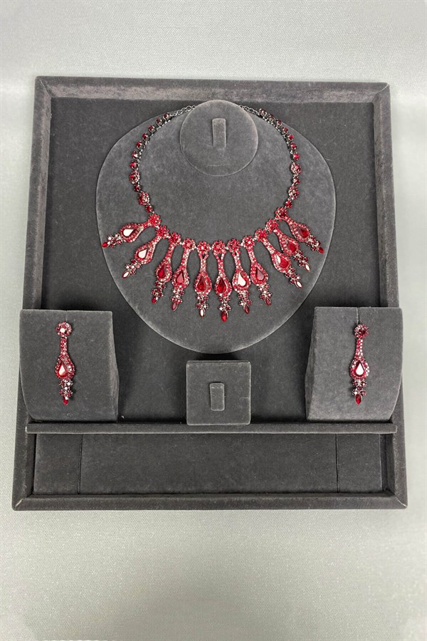 Henna Stone Evening Dress Necklace Earring Set Claret Red