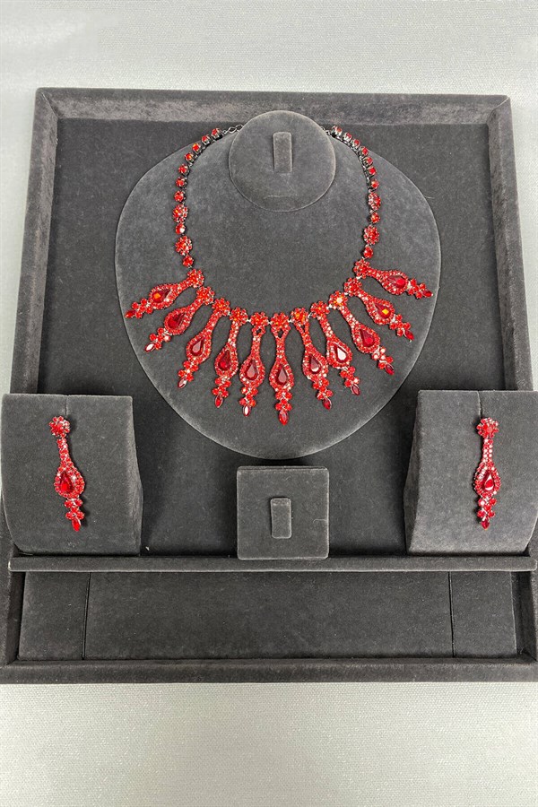 Henna Stone Evening Dress Necklace Earring Set Red