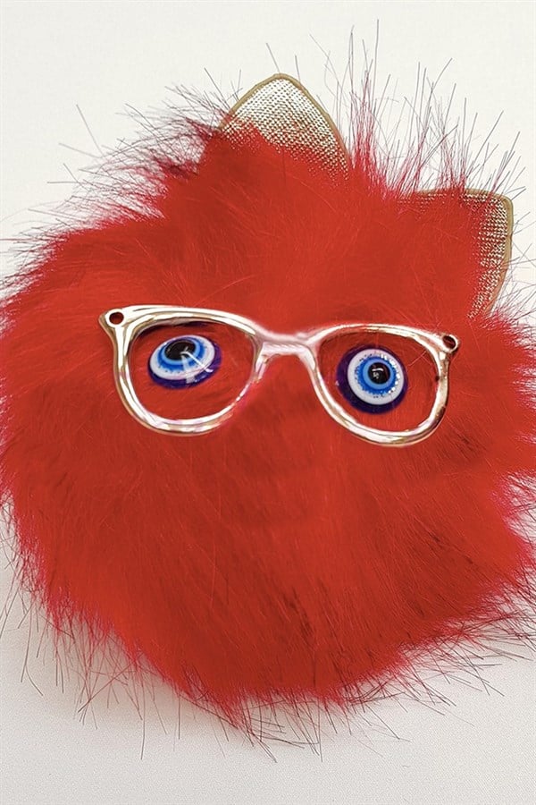 Kırmızı Ponpon Gözlüklü Peluş Anahtarlık