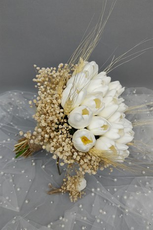 Beyaz Laleli Gelin Buketi Ve Damat Yaka Çiçeği 20 Adet Lale