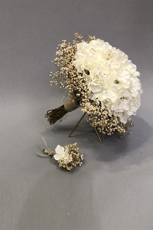 Beyaz Ortancalı Cipsolu Gelin Buket ve Yaka Çiçeği