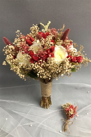 Beyaz ve Kırmızı Gelin Buketi ve Damat Yaka Çiçeği