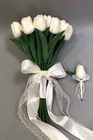 Islak Beyaz Laleli Gelin Çiçeği ve Takı Kurdelesi
