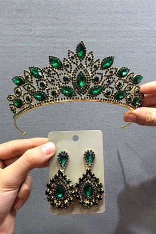 Green Bridal Crown and Earrings Set